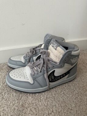 High-Top Sneakers in Grey and White with Monogram Swoosh